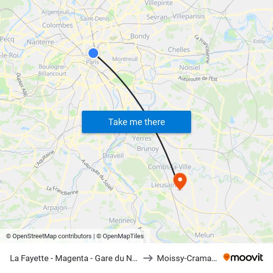La Fayette - Magenta - Gare du Nord to Moissy-Cramayel map