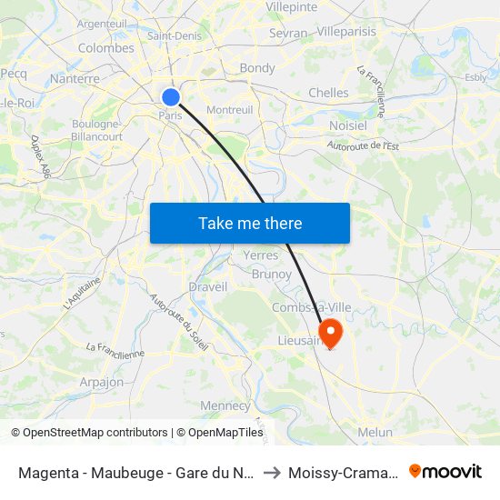 Magenta - Maubeuge - Gare du Nord to Moissy-Cramayel map