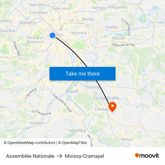 Assemblée Nationale to Moissy-Cramayel map