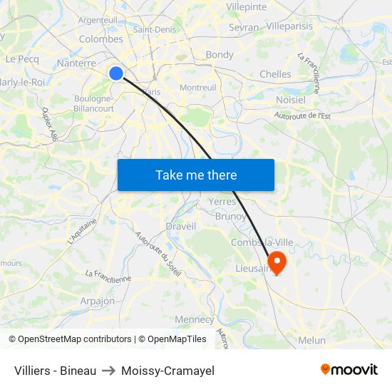 Villiers - Bineau to Moissy-Cramayel map