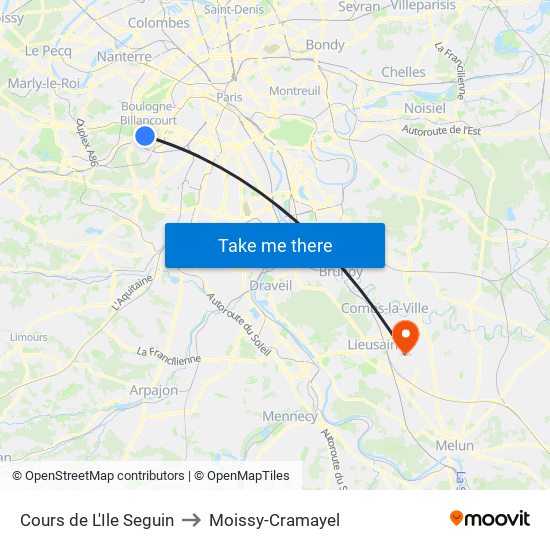 Cours de L'Ile Seguin to Moissy-Cramayel map