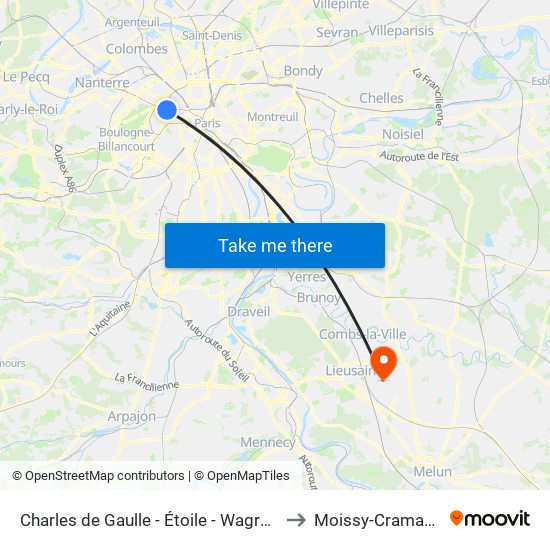 Charles de Gaulle - Étoile - Wagram to Moissy-Cramayel map
