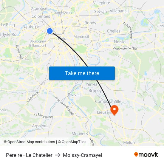 Pereire - Le Chatelier to Moissy-Cramayel map