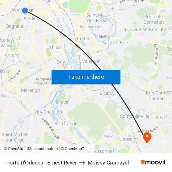Porte D'Orléans - Ernest Reyer to Moissy-Cramayel map