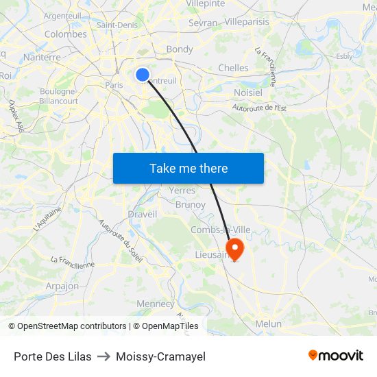 Porte Des Lilas to Moissy-Cramayel map