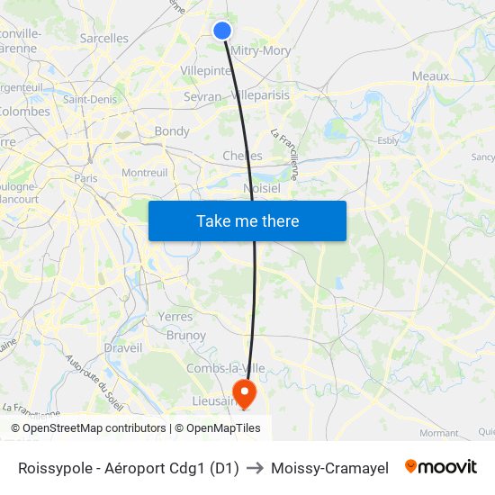 Roissypole - Aéroport Cdg1 (D1) to Moissy-Cramayel map