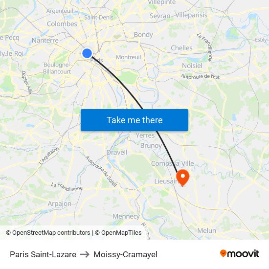 Paris Saint-Lazare to Moissy-Cramayel map