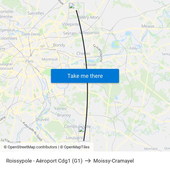 Roissypole - Aéroport Cdg1 (G1) to Moissy-Cramayel map