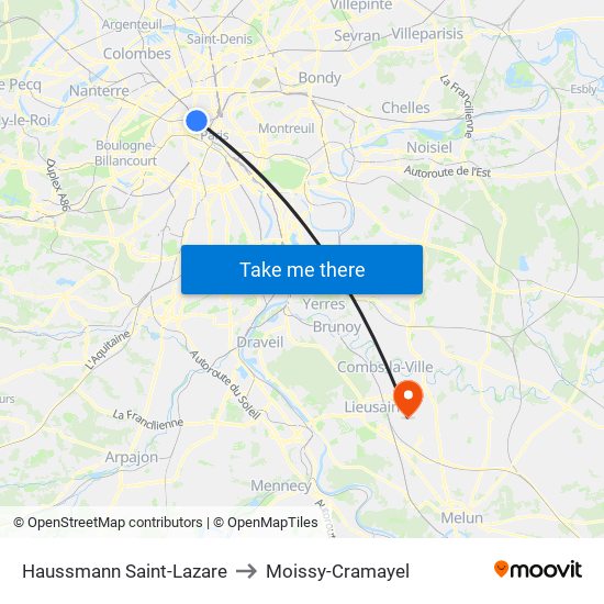 Haussmann Saint-Lazare to Moissy-Cramayel map