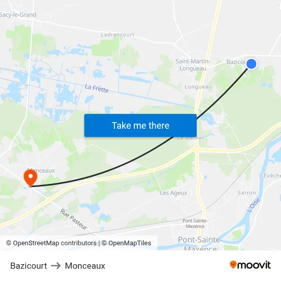 Bazicourt to Monceaux map