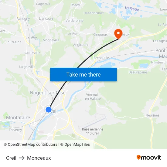 Creil to Monceaux map