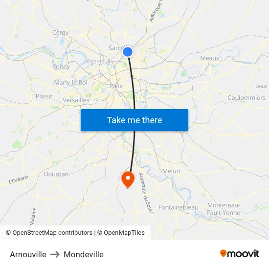 Arnouville to Mondeville map