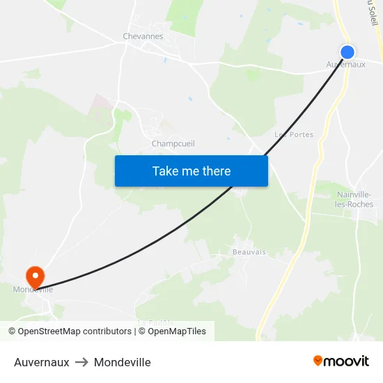 Auvernaux to Mondeville map