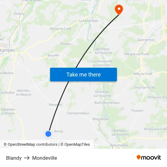 Blandy to Mondeville map