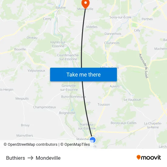 Buthiers to Mondeville map