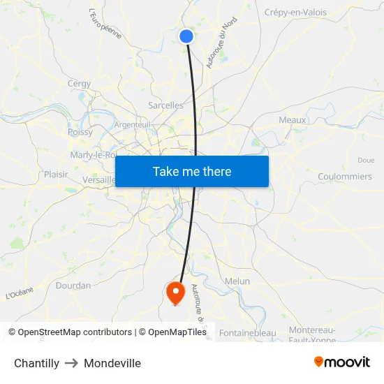 Chantilly to Mondeville map