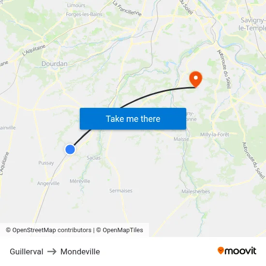 Guillerval to Mondeville map