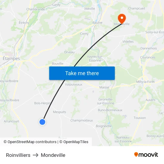 Roinvilliers to Mondeville map