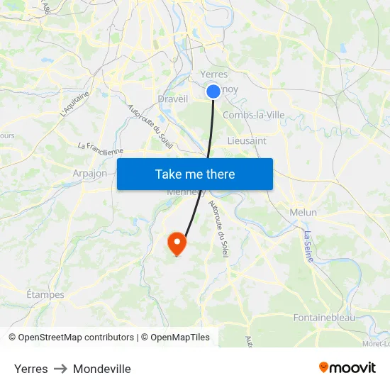 Yerres to Mondeville map