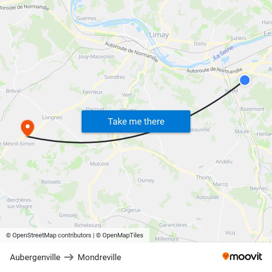 Aubergenville to Mondreville map