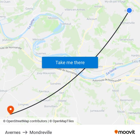 Avernes to Mondreville map
