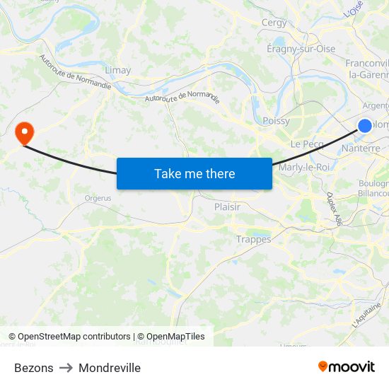 Bezons to Mondreville map