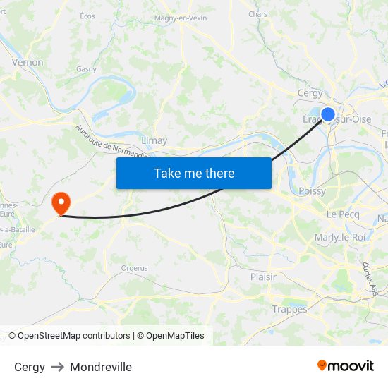 Cergy to Mondreville map