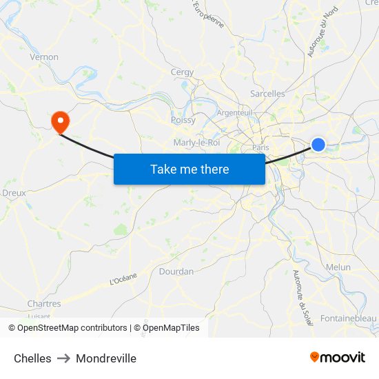 Chelles to Mondreville map