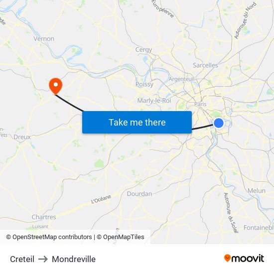 Creteil to Mondreville map