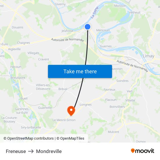 Freneuse to Mondreville map