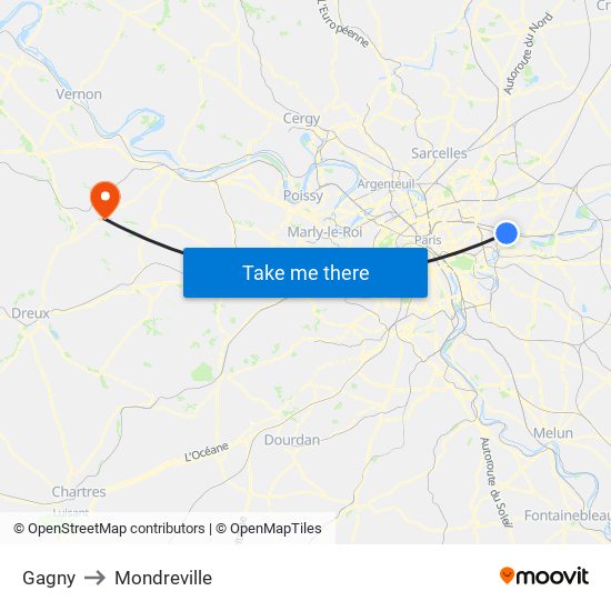 Gagny to Mondreville map
