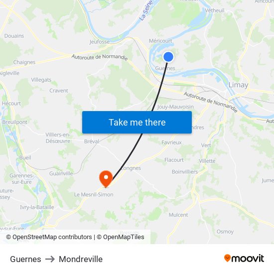 Guernes to Mondreville map