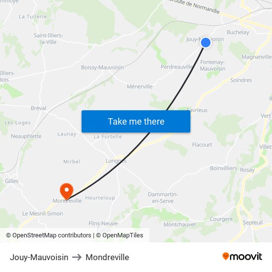 Jouy-Mauvoisin to Mondreville map