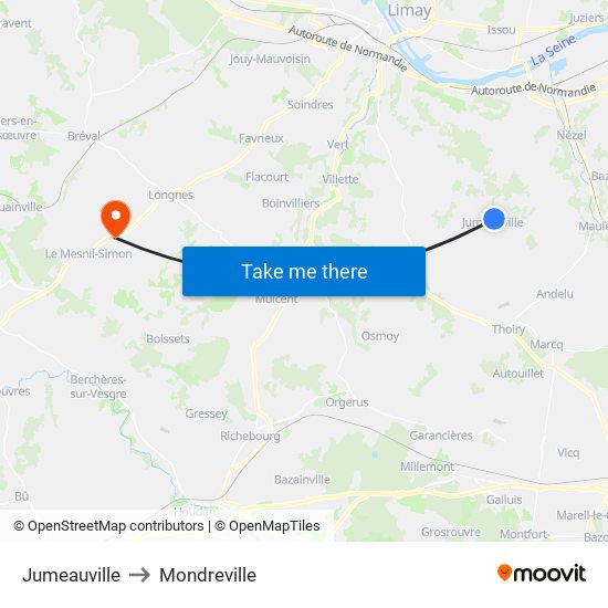 Jumeauville to Mondreville map