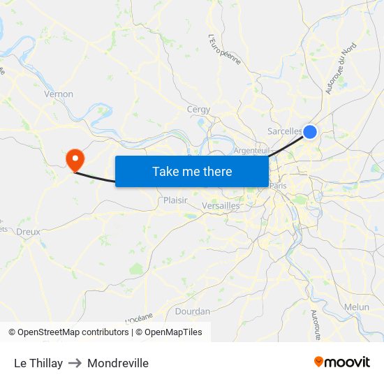 Le Thillay to Mondreville map