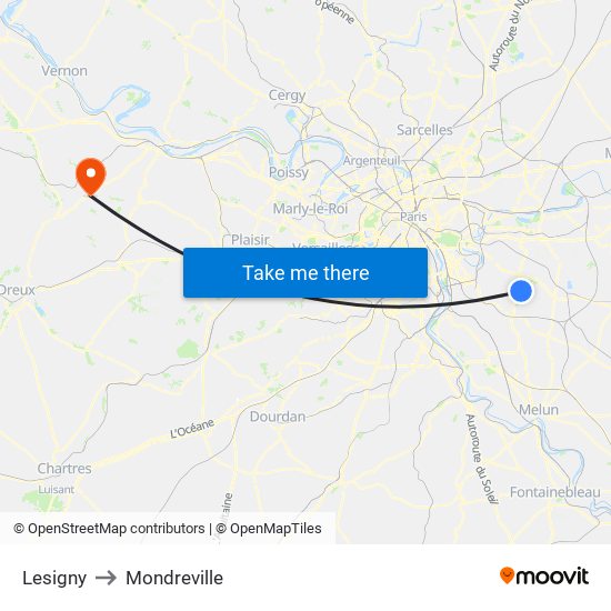 Lesigny to Mondreville map