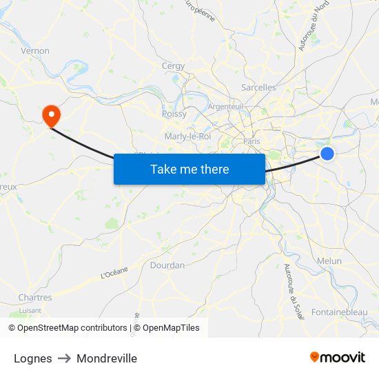 Lognes to Mondreville map