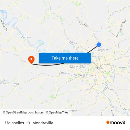 Moisselles to Mondreville map