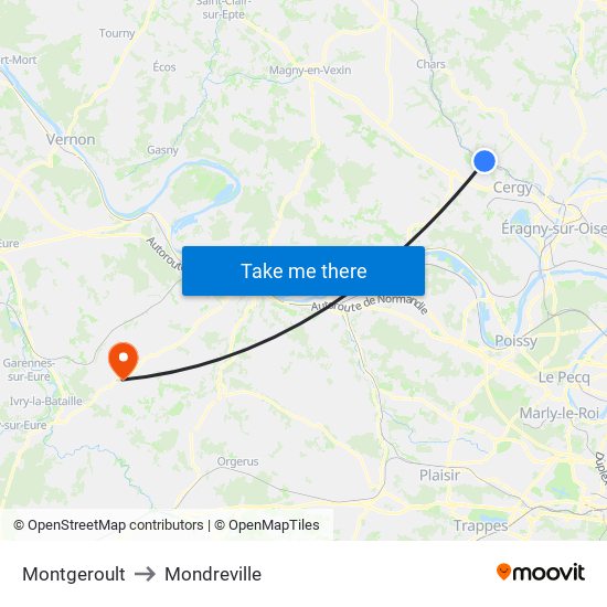 Montgeroult to Mondreville map