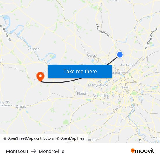 Montsoult to Mondreville map