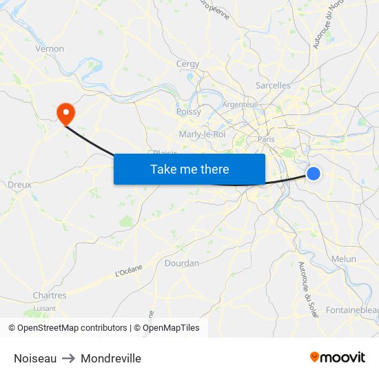 Noiseau to Mondreville map