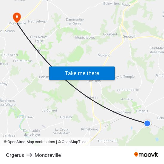 Orgerus to Mondreville map
