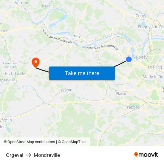 Orgeval to Mondreville map