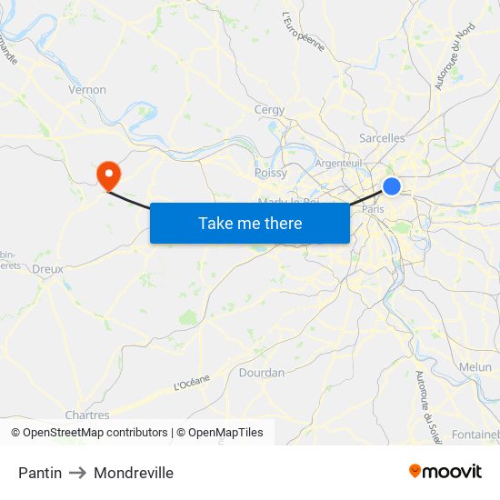 Pantin to Mondreville map