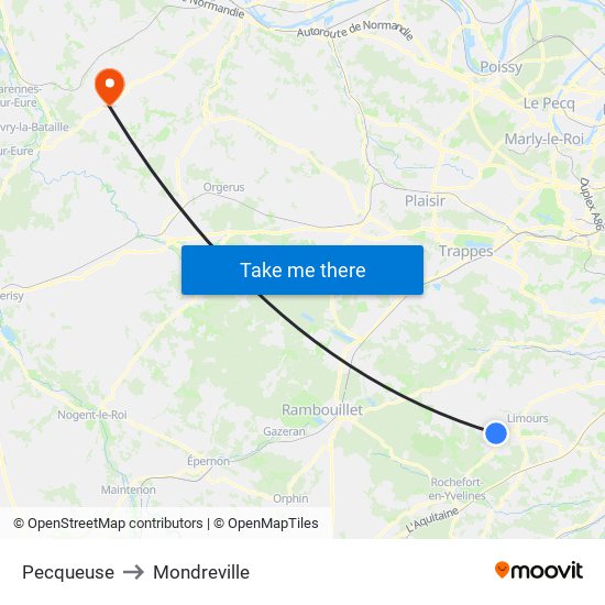 Pecqueuse to Mondreville map