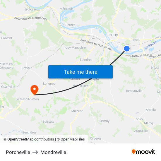 Porcheville to Mondreville map