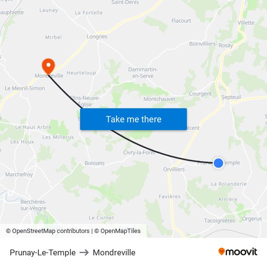 Prunay-Le-Temple to Mondreville map