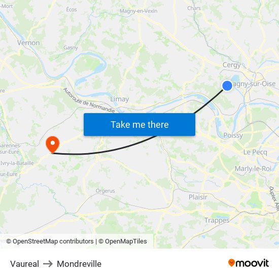 Vaureal to Mondreville map