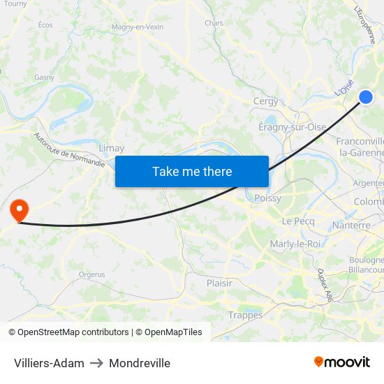 Villiers-Adam to Mondreville map