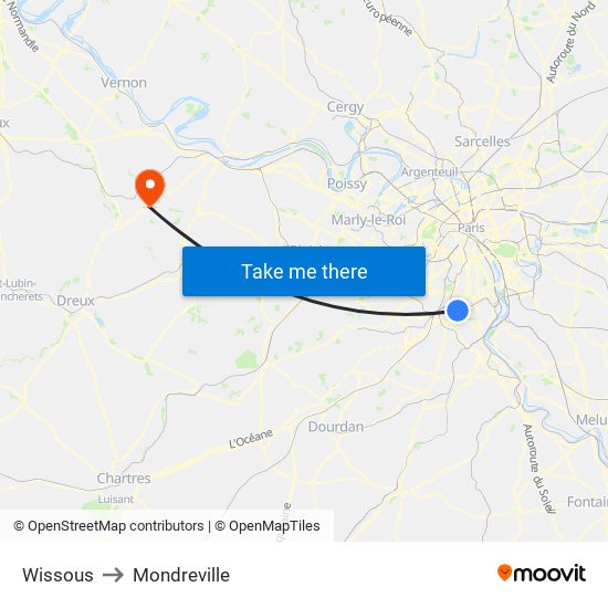 Wissous to Mondreville map